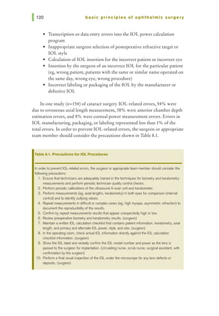 basic principles of ophthalmic surgery
• Transcription or data entry errors into the IOL power calculation
program
• Inappropriate surgeon selection of postoperative refractive target or
IOL style
• Calculation of IOL insertion for the incorrect patient or incorrect eye
• Insertion by the surgeon of an incorrect IOL for the particular patient
(eg, wrong patient, patients with the same or similar name operated on
the same day, wrong eye, wrong procedure)
• Incorrect labeling or packaging of the IOL by the manufacturer or
defective IOL
In one study (n=154) of cataract surgery IOL-related errors, 54% were
due to erroneous axial length measurement, 38% were anterior chamber depth
estimation errors, and 8% were corneal power measurement errors. Errors in
IOL manufacturing, packaging, or labeling represented less than 1% of the
total errors. In order to prevent IOL-related errors, the surgeon or appropriate
team member should consider the precautions shown in Table 8.1.
Table 8.1. Precautions for IOL Procedures
In order to prevent I0 L-related errors, the surgeon or appropriate team member should consider the
following precautions:
1. Ensure that technicians are adequately trained in the techniques for biometry and keratometry
measurements and perform periodic technician quality control checks.
2. Perform periodic calibrations of the ultrasound A-scan unit and keratometer.
3. Perform measurements (eg, axial lengths, keratometry) in both eyes for comparison (internal
control) and to identify outlying values.
4. Repeat measurements in difficult or complex cases (eg, high myopia, asymmetric refraction) to
document the reproducibility of the results.
5. Confirm by repeat measurements results thai appear unexpectedly high or low.
6. Review preoperative biometry and keraiometry results. (surgeon)
7. Maintain a written IOL calculation checklist that contains patient information, keratome-try, axial
length, and primary and alternate IOL power, style, and size. (surgeon)
8. In the operating room, check actuaiiOL information directly against the IOL calculation
checklist information. (surgeon)
9. Show the IOL label and verbally confirm the IOL model number and power as the lens is
passed to the surgeon for implantation. (circulating nurse, scrub nurse, surgical assistant, with
confirmation by the surgeon)
10. Perform a final visual inspection of the IOL under the microscope for any lens defects or
deposits. (surgeon)
 