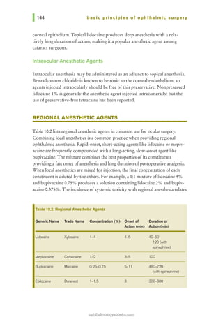 basic principles of ophthalmic surgery
corneal epithelium. Topical lidocaine produces deep anesthesia with a rela-
tively long duration of action, making it a popular anesthetic agent among
cataract surgeons.
Intraocular Anesthetic Agents
Intraocular anesthesia may be administered as an adjunct to topical anesthesia.
Benzalkonium chloride is known to be toxic to the corneal endothelium, so
agents injected intraocularly should be free of this preservative. Nonpreserved
lidocaine 1% is generally the anesthetic agent injected intracamerally, but the
use of preservative-free tetracaine has been reported.
REGIONAL ANESTHETIC AGENTS
Table 10.2lists regional anesthetic agents in common use for ocular surgery.
Combining local anesthetics is a common practice when providing regional
ophthalmic anesthesia. Rapid-onset, short-acting agents like lidocaine or mepiv-
acaine are frequently compounded with a long-acting, slow-onset agent like
bupivacaine. The mixture combines the best properties of its constituents
providing a fast onset of anesthesia and long duration of postoperative analgesia.
When local anesthetics are mixed for injection, the final concentration of each
constituent is diluted by the others. For example, a 1:1 mixture of lidocaine 4%
and bupivacaine 0.75% produces a solution containing lidocaine 2% and bupiv-
acaine 0.375%. The incidence of systemic toxicity with regional anesthesia relates
Table 10.2. Regional Anesthetic Agents
Generic Name Trade Name Concentration (%) Onset of Duration of
Action (min) Action (min)
Lidocaine Xylocaine 1--4 4--6 40--60
120 (with
epinephrine)
Mepivacaine Carbocaine 1-2 3--5 120
Bupivacaine Marcaine 0.25--0.75 5--11 480-720
(with epinephrine)
Etidocalne Duranest 1-1.5 3 300-600
ophthalmologyebooks.com
 