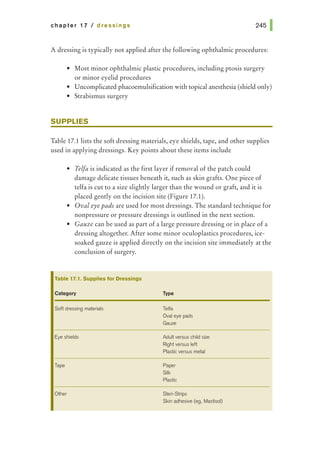 chapter 17 I dressings
A dressing is typically not applied after the following ophthalmic procedures:
• Most minor ophthalmic plastic procedures, including ptosis surgery
or minor eyelid procedures
• Uncomplicated phacoemulsification with topical anesthesia (shield only)
• Strabismus surgery
SUPPLIES
Table 17.1lists the soft dressing materials, eye shields, tape, and other supplies
used in applying dressings. Key points about these items include
• Telfa is indicated as the first layer if removal of the patch could
damage delicate tissues beneath it, such as skin grafts. One piece of
telfa is cut to a size slightly larger than the wound or graft, and it is
placed gently on the incision site (Figure 17.1).
• Oval eye pads are used for most dressings. The standard technique for
nonpressure or pressure dressings is outlined in the next section.
• Gauze can be used as part of a large pressure dressing or in place of a
dressing altogether. After some minor oculoplastics procedures, ice-
soaked gauze is applied directly on the incision site immediately at the
conclusion of surgery.
Table 17.1. Supplies for Dressings
Category
Soft dressing materials
Eye shields
Tape
Other
Type
Telfa
Oval eye pads
Gauze
Adult versus child size
Right versus left
Plastic versus metal
Paper
Silk
Plastic
Steri-Strips
Skin adhesive (eg, Mastisol)
 