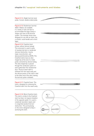 chapter 5 I surgical instruments and blades
Figure 5.14. Ziegler lacrimal canal
probe. Curved, double-ended probe.
Figure 5.15. Ruedemann lacrimal
dilator. Dilators are available
in a variety of sizes and tips to
accommodate the large variety in
shapes and sizes of the lacrimal
system. The example shown here,
designed for use with an infant, has
a smooth, round handle and a short
taper.
Figure 5.16. Crawford stent
(shown without silicone tubing).
This instrument is used in cases
of nasolacrimal duct or canalicular
stenosis/obstruction, trauma
repair, reconstruction, and
dacryocystorhinostomy (DCR). The
Crawford stents have an olive-
shaped "lip atthe end of a metal
probe connected by silicone tubing.
The olive-shaped tip is passed
through the canalicularsystem of
each eyelid down the nasolacrimal
duct. The tip of each stent is
retrieved from the nasal cavity and
the silicone portion of the stent is tied
to the otherend of the stent, leaving
the lacrimal system intubated.
Figure 5.17. Crawford hook. This
hook is designed for retrieving the c:.----------t:======:=~S
Crawford stentfrom the nasal cavity.
Figure 5.1B. Mono-Crawford stent.
This stent is similarto the Crawford
stent but does not require intubation
of the opposite eyelid. It is used in
canalicular laceration repairs and
in congenital nasolacrimal duct
obstruction. The punctual plug
on the end is designed to help in
anchoring the stent.
 