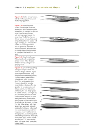 chapter 5 I surgical instruments and blades
F~gure 5.29. Colibri corneal forceps.
A 0.12 mm forceps with a curved
shaft and tying platform.
F~gure 5.30. Bishop-Harmon
forceps. The example shown has
sernrted tips. Many surgeons prefer
sernrted tips for handling the delicate
conjunctiva, because forceps
wi1h teeth can leave holes in the
conjunctiva. The Bishop-Harmon
style of forceps comes with a variety
of tips. Bishop-Harmon forceps with
largerteeth (eg, 0.7 mm) are often
used in oculoplastic procedures
and are generically referred to as
"Bishop-Harmons.• Manufacturers
list Bishop-Harmon forceps based
on the style of the handle, not the
teeth.
Figure 5.31. Graefe iris forceps.
Wrtnout teeth, with serrated tips.
Smallerversion of the standard
0.12 mm forceps, also good for
grasping tissue.
Figure 5.32. Jewelerforceps. Sharp,
fine-tipped forceps available in a
variety of designs and sizes, beyond
the examples shown here. Many
comprehensioe ofirthalmologists find
the sharp-pointedjewelerforceps
to bethe most useful forceps in
clinic. They can be used on both
the eye and eyelid for removing
foreign bodies and sutures. The fine
tips allowfor corneal debridement
of loose epithelium and dendrites.
Additionally, the fine, sharp tips can
be used to remove a rust ring in lieu
of a drill. Office personnel must be
careful with the sharp tips to avoid
poking themselves and also avoid
damaging the tips. Ophthalmologists
should take due diligence in informing
theirstaff of the dangers vdlh sharp
tips and take appropriate aclions to
avoid inadvertenttraumato theirstaff
from contaminated instruments left
in exposed areas. In addition to their
other properties, jewelerforceps tend
to be relatively inexpensive. (A) Straight,
strong points. (B)A variation in width
and thickness. (C) Curved with fine
points. (D) Simple, short, stLJbbywith
medium points.
A
B
c
D
--·
--
--
:a.uoa
 