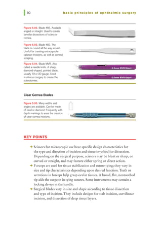 lao
Figure 5.92. Blade #66. Available
angled or straight. Used to create
lamellar dissections of sdera or
comea.
Figure 5.93. Blade #69. The
blade is curved all1he way around.
Useful for creating extracapsular
cataract incisions, as well as corneal
scraping.
Figura 5.94. Blade MVR. Also
called a needle knife. A sharp,
diamond-shaped, pointed blade,
usually 19 or 20 gauge. Used
in vitreous surgery to create the
sderotomies.
Clear Cornea Blades
Figure 5.95. Many widths and
angles are available. Can be made
of steel or diamond. Frequentlywith
depth markings to ease the creation
of clear cornea incisions.
KEY POINTS
basic principles of ophthalmic surgery
-+ Scissors for microscopic use have specific design characteristics for
the type and direction ofincision and tissue involved for dissection.
Depending on the surgical purpose, scissors may be blunt or sharp, or
curved or straight, and may feature either spring or direct action.
-+ Forceps are used for tissue stabilization and suture tying; they vary in
size and tip characteristics depending upon desired function. Teeth or
serrations in forceps help grasp ocular tissues. A broad, flat, nontoothed
tip aids the surgeon in tying sutures. Some instruments may contain a
locking device in the handle.
-+ Surgical blades vary in size and shape according to tissue dissection
and type ofincision. They include designs for stab incision, curvilinear
incision, and dissection of deep tissue layers.
 