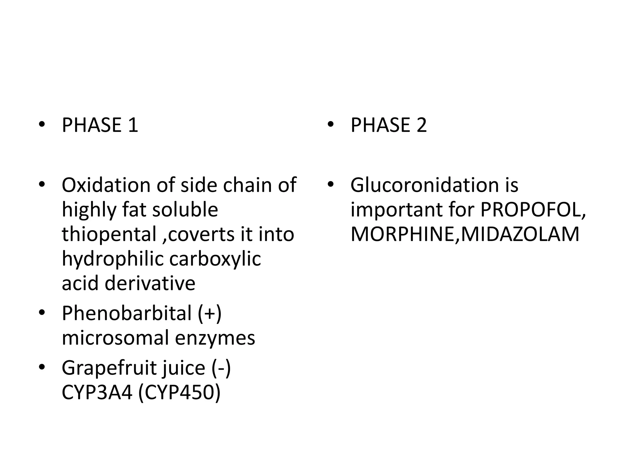 • PHASE 1
• Oxidation of side chain of
highly fat soluble
thiopental ,coverts it into
hydrophilic carboxylic
acid derivative
• Phenobarbital (+)
microsomal enzymes
• Grapefruit juice (-)
CYP3A4 (CYP450)
• PHASE 2
• Glucoronidation is
important for PROPOFOL,
MORPHINE,MIDAZOLAM
 