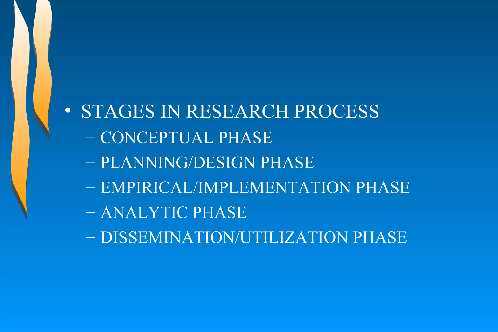 STAGES IN RESEARCH PROCESS  CONCEPTUAL PHASE  PLANNING/DESIGN PHASE  EMPIRICAL/IMPLEMENTATION PHASE  ANALYTIC PHASE  DISSEMINATION/UTILIZATION PHASE  