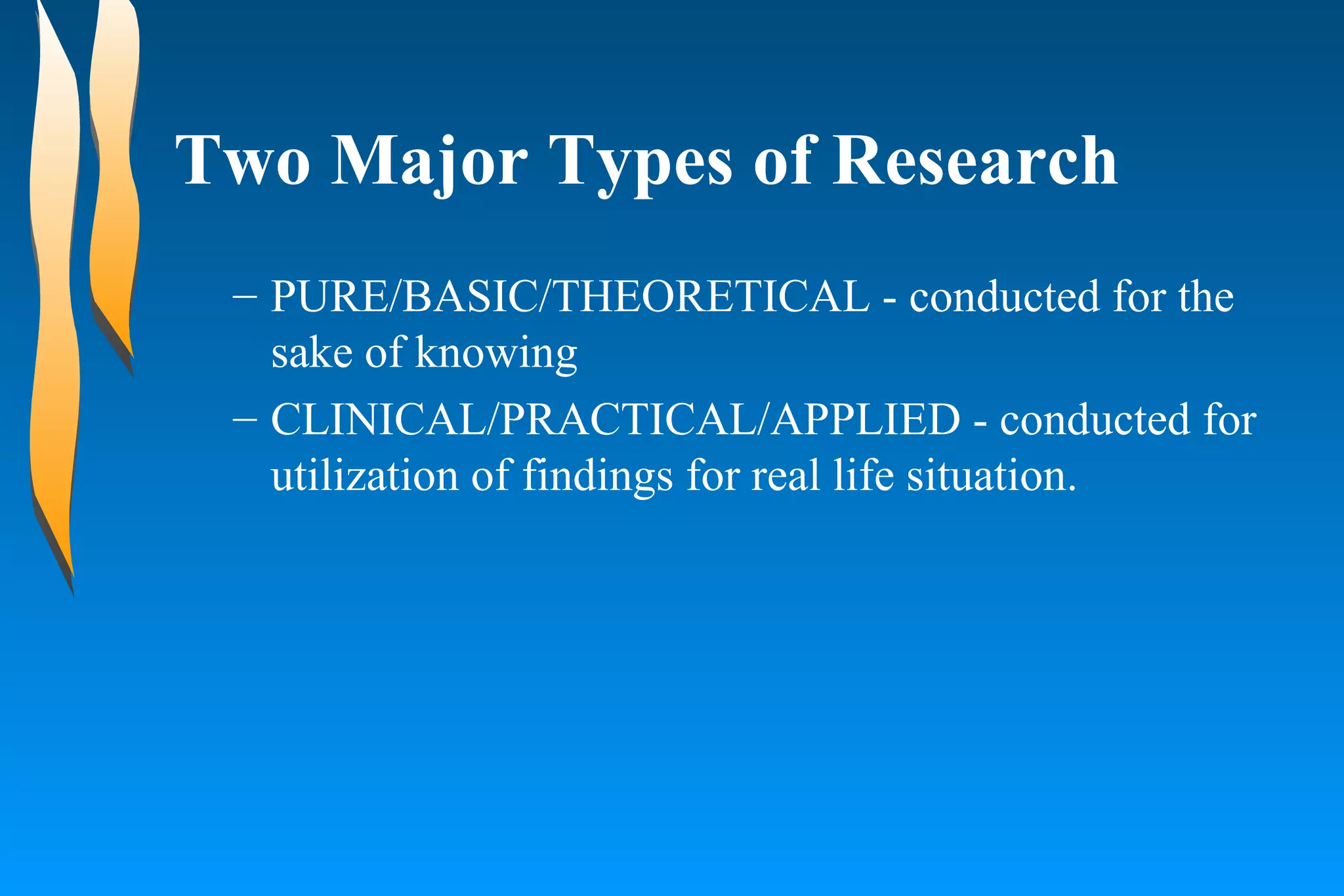 Two Major Types of Research PURE/BASIC/THEORETICAL - conducted for the sake of knowing  CLINICAL/PRACTICAL/APPLIED - conducted for utilization of findings for real life situation. 