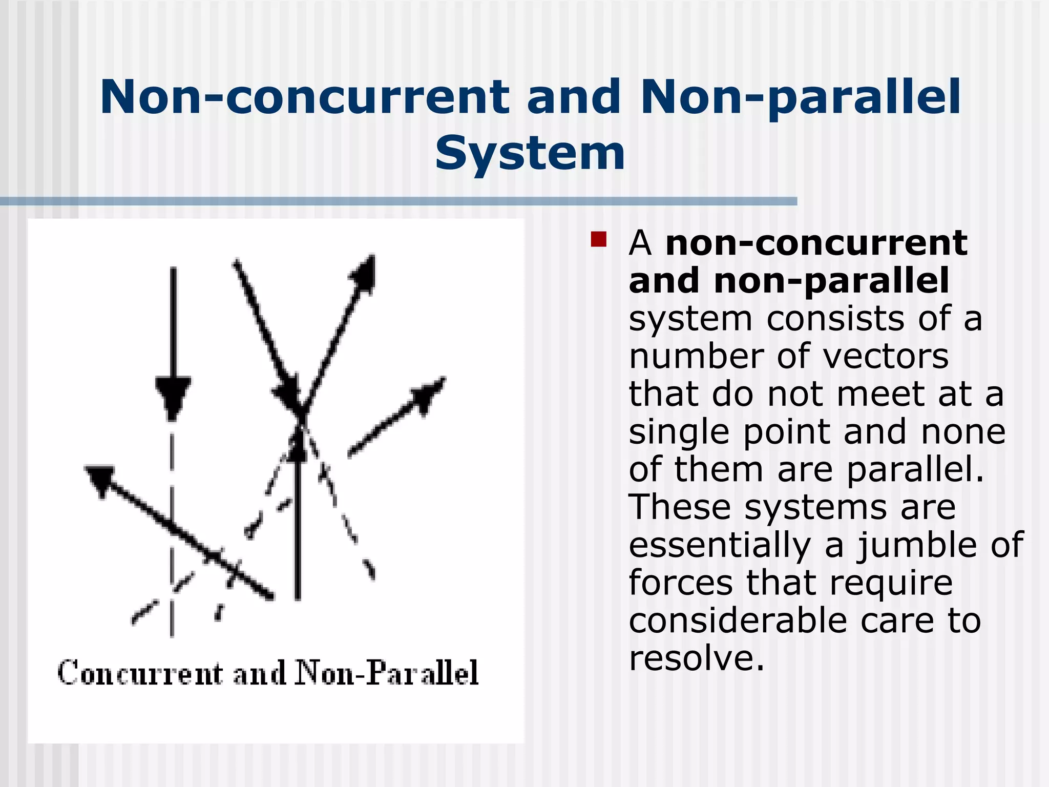 Non-concurrent and Non-parallel
System
 A non-concurrent
and non-parallel
system consists of a
number of vectors
that do not meet at a
single point and none
of them are parallel.
These systems are
essentially a jumble of
forces that require
considerable care to
resolve.
 