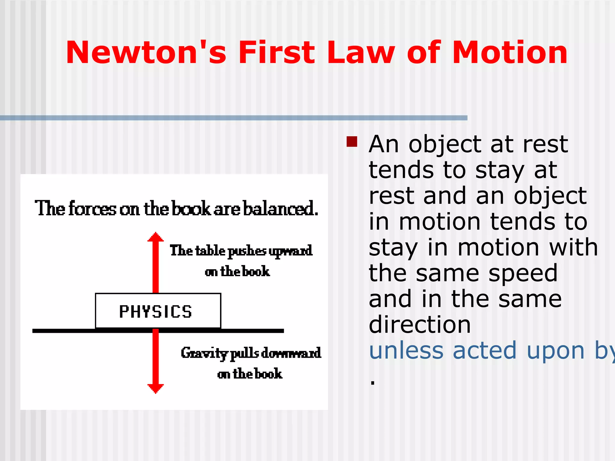 Newton's First Law of Motion
 An object at rest
tends to stay at
rest and an object
in motion tends to
stay in motion with
the same speed
and in the same
direction
unless acted upon by
.
 