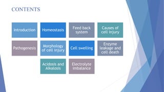 CONTENTS
Introduction Homeostasis
Feed back
system
Causes of
cell injury
Pathogenesis
Morphology
of cell injury
Cell swelling
Enzyme
leakage and
cell death
Acidosis and
Alkalosis
Electrolyte
imbalance
 