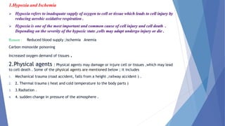 1.Hypoxia and Ischemia
 Hypoxia refers to inadequate supply of oxygen to cell or tissue which leads to cell injury by
reducing aerobic oxidative respiration .
 Hypoxia is one of the most important and common cause of cell injury and cell death .
Depending on the severity of the hypoxic state ,cells may adapt undergo injury or die .
Reason : Reduced blood supply ;ischemia Anemia
Carbon monoxide poisoning
Increased oxygen demand of tissues .
2.Physical agents : Physical agents may damage or injure cell or tissues ,which may lead
to cell death . Some of the physical agents are mentioned below ; it includes
1. Mechanical trauma (road accident, falls from a height ,railway accident ) .
2. 2. Thermal trauma ( heat and cold temperature to the body parts )
3. 3.Radiation .
4. 4. sudden change in pressure of the atmosphere .
 