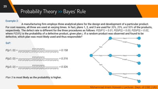 Probability Theory >> Bayes’ Rule
Example 2:
A manufacturing firm employs three analytical plans for the design and development of a particular product.
For cost reasons, all three are used at varying times. In fact, plans 1, 2, and 3 are used for 30%, 20%, and 50% of the products,
respectively. The defect rate is different for the three procedures as follows: P(D|P1) = 0.01, P(D|P2) = 0.03, P(D|P3) = 0.02,
where P(D|Pj) is the probability of a defective product, given plan j. If a random product was observed and found to be
defective, which plan was most likely used and thus responsible?
Soln:
P(p1 | D) =
𝑃 𝑃1 𝑃(𝐷|𝑃1)
𝑃 𝑃1 𝑃(𝐷|𝑃1)+𝑃 𝑃2 𝑃(𝐷|𝑃2)+𝑃 𝑃3 𝑃(𝐷|𝑃3)
= 0.158
P(p2 | D) =
𝑃 𝑃2 𝑃(𝐷|𝑃2)
𝑃 𝑃1 𝑃(𝐷|𝑃1)+𝑃 𝑃2 𝑃(𝐷|𝑃2)+𝑃 𝑃3 𝑃(𝐷|𝑃3)
= 0.316
P(p3 | D) =
𝑃 𝑃3 𝑃(𝐷|𝑃3)
𝑃 𝑃1 𝑃(𝐷|𝑃1)+𝑃 𝑃2 𝑃(𝐷|𝑃2)+𝑃 𝑃3 𝑃(𝐷|𝑃3)
= 0.526
Plan 3 is most likely as the probability is higher.
25
Mohammad Imam Hossain | Lecturer, Dept. of CSE | UIU
 