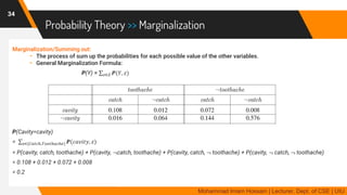 Probability Theory >> Marginalization
Marginalization/Summing out:
- The process of sum up the probabilities for each possible value of the other variables.
- General Marginalization Formula:
P(Y) = σ 𝑧∈𝑍 𝑷(𝑌, 𝑧)
P(Cavity=cavity)
= σ 𝑧∈{𝐶𝑎𝑡𝑐ℎ,𝑇𝑜𝑜𝑡ℎ𝑎𝑐ℎ𝑒} 𝑷(𝑐𝑎𝑣𝑖𝑡𝑦, 𝑧)
= P(cavity, catch, toothache) + P(cavity, ¬catch, toothache) + P(cavity, catch, ¬ toothache) + P(cavity, ¬ catch, ¬ toothache)
= 0.108 + 0.012 + 0.072 + 0.008
= 0.2
34
Mohammad Imam Hossain | Lecturer, Dept. of CSE | UIU
 