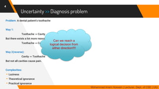 Uncertainty >> Diagnosis problem
Problem: A dental patient’s toothache
Way 1:
Toothache ⇒ Cavity
But there exists a lot more reasons for Toothache … …
Toothache ⇒ Cavity v GumProblem v Abscess … …
Way 2(reverse):
Cavity ⇒ Toothache
But not all cavities cause pain.
Complexities:
▸Laziness
▸Theoretical ignorance
▸Practical ignorance
4
Mohammad Imam Hossain | Lecturer, Dept. of CSE | UIU
Can we reach a
logical decision from
either direction!!!!
 