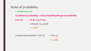 Rules of probability
1. Multiplicative rule
Conditional probability = Joint probability/Marginal probability
P (A | E) = P (E ∩ A) / P (E)
= (28/318) / (141/318)
= 0.1986
Conditional probability P (A | E) = 28 / 141
= 0.1986
 