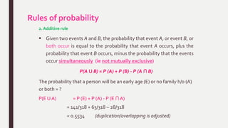 Rules of probability
2. Additive rule
 Given two events A and B, the probability that event A, or event B, or
both occur is equal to the probability that event A occurs, plus the
probability that event B occurs, minus the probability that the events
occur simultaneously (ie not mutually exclusive)
P(A U B) = P (A) + P (B) - P (A ∩ B)
The probability that a person will be an early age (E) or no family h/o (A)
or both = ?
P(E U A) = P (E) + P (A) - P (E ∩ A)
= 141/318 + 63/318 – 28/318
= 0.5534 (duplication/overlapping is adjusted)
 