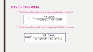 BAYES’THEOREM
 Predictive value positive of a screening test (or symptom)
 Predictive value negative of a screening test (or symptom)
 
