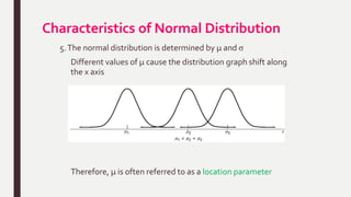 Characteristics of Normal Distribution
5.The normal distribution is determined by µ and σ
Different values of µ cause the distribution graph shift along
the x axis
Therefore, µ is often referred to as a location parameter
 