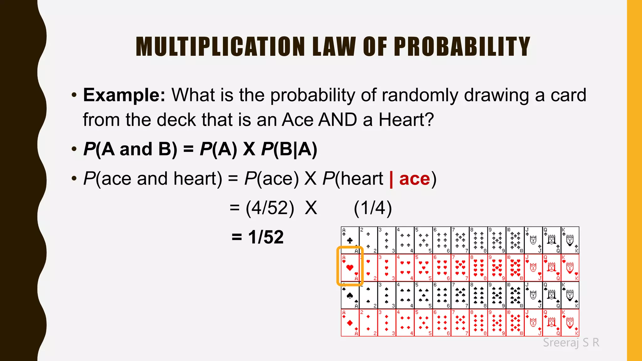 Sreeraj S R
MULTIPLICATION LAW OF PROBABILITY
• Example: What is the probability of randomly drawing a card
from the deck that is an Ace AND a Heart?
• P(A and B) = P(A) X P(B|A)
• P(ace and heart) = P(ace) X P(heart | ace)
= (4/52) X (1/4)
= 1/52
 