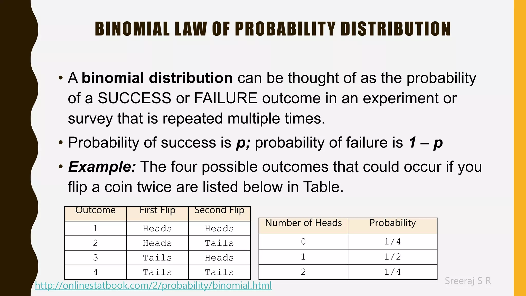 Sreeraj S R
BINOMIAL LAW OF PROBABILITY DISTRIBUTION
• A binomial distribution can be thought of as the probability
of a SUCCESS or FAILURE outcome in an experiment or
survey that is repeated multiple times.
• Probability of success is p; probability of failure is 1 – p
• Example: The four possible outcomes that could occur if you
flip a coin twice are listed below in Table.
Outcome First Flip Second Flip
1 Heads Heads
2 Heads Tails
3 Tails Heads
4 Tails Tails
Number of Heads Probability
0 1/4
1 1/2
2 1/4
http://onlinestatbook.com/2/probability/binomial.html
 