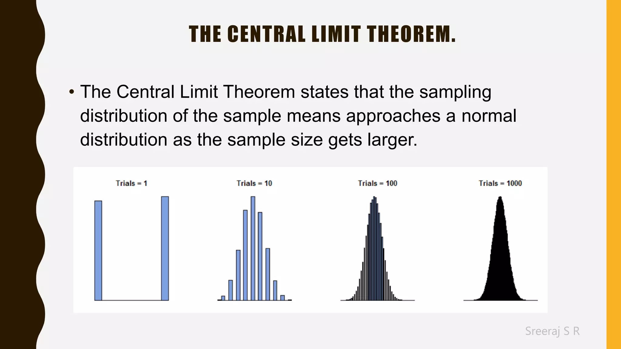 Sreeraj S R
THE CENTRAL LIMIT THEOREM.
• The Central Limit Theorem states that the sampling
distribution of the sample means approaches a normal
distribution as the sample size gets larger.
 