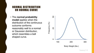 Sreeraj S R
NORMAL DISTRIBUTION
OR NORMAL CURVE
• The normal probability
model applies when the
distribution of the continuous
outcome conforms
reasonably well to a normal
or Gaussian distribution,
which resembles a bell
shaped curve.
 