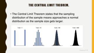 Sreeraj S R
THE CENTRAL LIMIT THEOREM.
• The Central Limit Theorem states that the sampling
distribution of the sample means approaches a normal
distribution as the sample size gets larger.
 