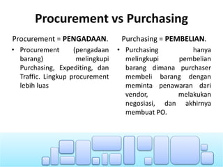 Procurement vs Purchasing
Procurement = PENGADAAN.
• Procurement (pengadaan
barang) melingkupi
Purchasing, Expediting, dan
Traffic. Lingkup procurement
lebih luas
Purchasing = PEMBELIAN.
• Purchasing hanya
melingkupi pembelian
barang dimana purchaser
membeli barang dengan
meminta penawaran dari
vendor, melakukan
negosiasi, dan akhirnya
membuat PO.
 