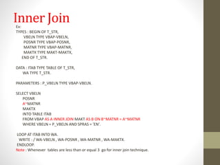Inner JoinEx:
TYPES : BEGIN OF T_STR,
VBELN TYPE VBAP-VBELN,
POSNR TYPE VBAP-POSNR,
MATNR TYPE VBAP-MATNR,
MAKTX TYPE MAKT-MAKTX,
END OF T_STR.
DATA : ITAB TYPE TABLE OF T_STR,
WA TYPE T_STR.
PARAMETERS : P_VBELN TYPE VBAP-VBELN.
SELECT VBELN
POSNR
A~MATNR
MAKTX
INTO TABLE ITAB
FROM VBAP AS A INNER JOIN MAKT AS B ON B~MATNR = A~MATNR
WHERE VBELN = P_VBELN AND SPRAS = 'EN'.
LOOP AT ITAB INTO WA.
WRITE : / WA-VBELN , WA-POSNR , WA-MATNR , WA-MAKTX.
ENDLOOP.
Note : Whenever tables are less than or equal 3 go for inner join technique.
 