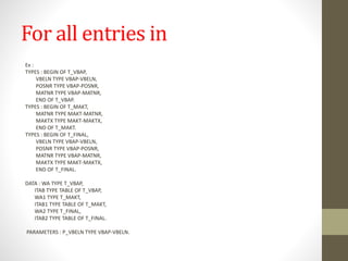 For all entries in
Ex :
TYPES : BEGIN OF T_VBAP,
VBELN TYPE VBAP-VBELN,
POSNR TYPE VBAP-POSNR,
MATNR TYPE VBAP-MATNR,
END OF T_VBAP.
TYPES : BEGIN OF T_MAKT,
MATNR TYPE MAKT-MATNR,
MAKTX TYPE MAKT-MAKTX,
END OF T_MAKT.
TYPES : BEGIN OF T_FINAL,
VBELN TYPE VBAP-VBELN,
POSNR TYPE VBAP-POSNR,
MATNR TYPE VBAP-MATNR,
MAKTX TYPE MAKT-MAKTX,
END OF T_FINAL.
DATA : WA TYPE T_VBAP,
ITAB TYPE TABLE OF T_VBAP,
WA1 TYPE T_MAKT,
ITAB1 TYPE TABLE OF T_MAKT,
WA2 TYPE T_FINAL,
ITAB2 TYPE TABLE OF T_FINAL.
PARAMETERS : P_VBELN TYPE VBAP-VBELN.
 