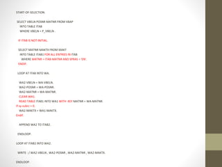 START-OF-SELECTION.
SELECT VBELN POSNR MATNR FROM VBAP
INTO TABLE ITAB
WHERE VBELN = P_VBELN .
IF ITAB IS NOT INITIAL.
SELECT MATNR MAKTX FROM MAKT
INTO TABLE ITAB1 FOR ALL ENTRIES IN ITAB
WHERE MATNR = ITAB-MATNR AND SPRAS = 'EN'.
ENDIF.
LOOP AT ITAB INTO WA.
WA2-VBELN = WA-VBELN.
WA2-POSNR = WA-POSNR.
WA2-MATNR = WA-MATNR.
CLEAR WA1.
READ TABLE ITAB1 INTO WA1 WITH KEY MATNR = WA-MATNR.
If sy-subrc = 0.
WA2-MAKTX = WA1-MAKTX.
Endif.
APPEND WA2 TO ITAB2.
ENDLOOP.
LOOP AT ITAB2 INTO WA2.
WRITE : / WA2-VBELN , WA2-POSNR , WA2-MATNR , WA2-MAKTX.
ENDLOOP.
 