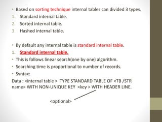 • Based on sorting technique internal tables can divided 3 types.
1. Standard internal table.
2. Sorted internal table.
3. Hashed internal table.
• By default any internal table is standard internal table.
1. Standard internal table.
• This is follows linear search(one by one) algorithm.
• Searching time is proportional to number of records.
• Syntax:
Data : <internal table > TYPE STANDARD TABLE OF <TB /STR
name> WITH NON-UNIQUE KEY <key > WITH HEADER LINE.
<optional>
 