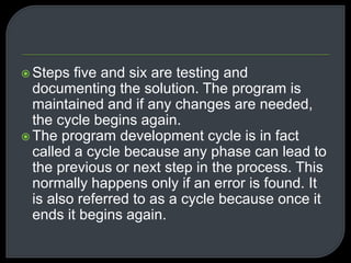  Steps five and six are testing and 
documenting the solution. The program is 
maintained and if any changes are needed, 
the cycle begins again. 
 The program development cycle is in fact 
called a cycle because any phase can lead to 
the previous or next step in the process. This 
normally happens only if an error is found. It 
is also referred to as a cycle because once it 
ends it begins again. 
 