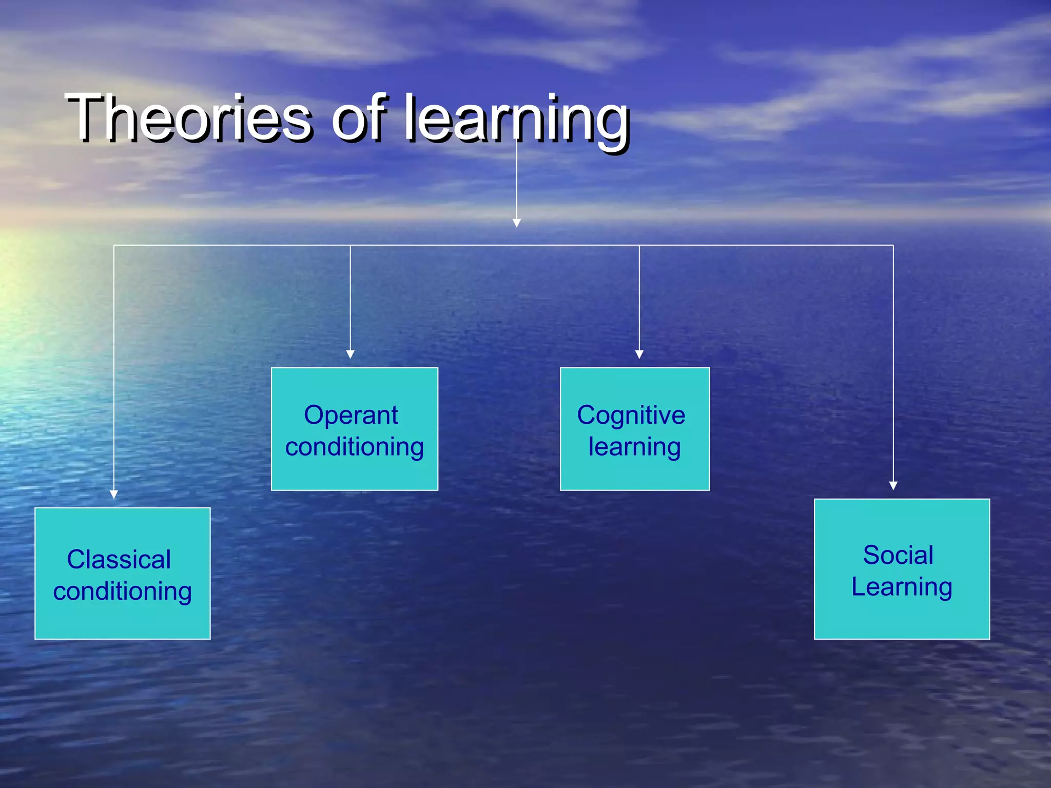 Theories of learning

Operant
conditioning

Classical
conditioning

Cognitive
learning

Social
Learning

 