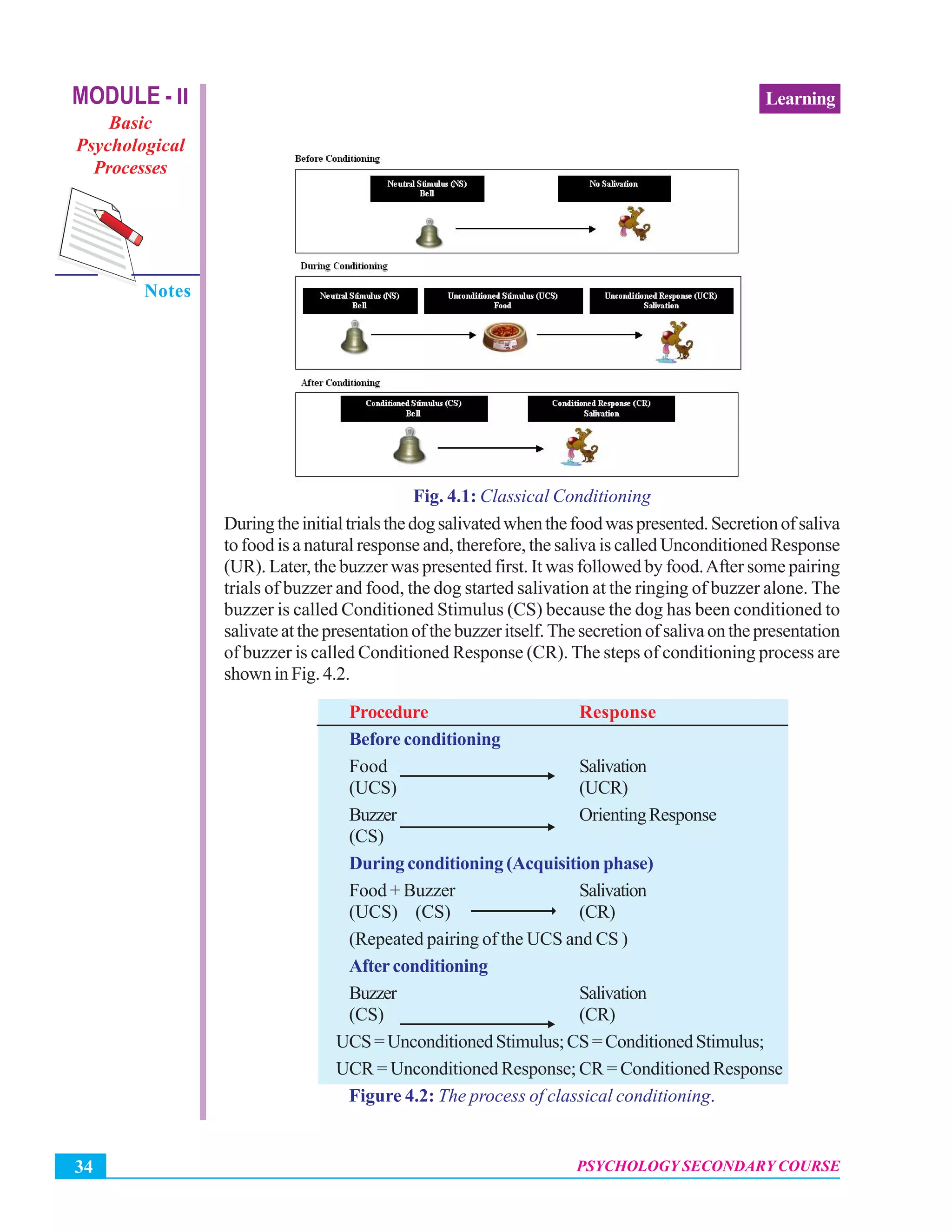 Psychology Secondary Course
PSYCHOLOGY SECONDARY COURSE34
LearningMODULE - II
Basic
Psychological
Processes
Notes
Fig. 4.1: Classical Conditioning
Duringtheinitialtrialsthedogsalivatedwhenthefoodwaspresented.Secretionofsaliva
to food is a natural response and, therefore, the saliva is called Unconditioned Response
(UR). Later, the buzzer was presented first. It was followed by food.After some pairing
trials of buzzer and food, the dog started salivation at the ringing of buzzer alone. The
buzzer is called Conditioned Stimulus (CS) because the dog has been conditioned to
salivateatthepresentationofthebuzzeritself.Thesecretionofsalivaonthepresentation
of buzzer is called Conditioned Response (CR). The steps of conditioning process are
shown in Fig. 4.2.
Procedure Response
Before conditioning
Food Salivation
(UCS) (UCR)
Buzzer OrientingResponse
(CS)
During conditioning (Acquisition phase)
Food + Buzzer Salivation
(UCS) (CS) (CR)
(Repeated pairing of the UCS and CS )
Afterconditioning
Buzzer Salivation
(CS) (CR)
UCS=UnconditionedStimulus;CS=ConditionedStimulus;
UCR = Unconditioned Response; CR = Conditioned Response
Figure 4.2: The process of classical conditioning.
 