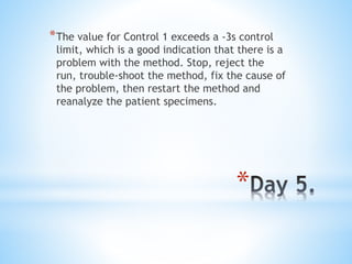 *
*The value for Control 1 exceeds a -3s control
limit, which is a good indication that there is a
problem with the method. Stop, reject the
run, trouble-shoot the method, fix the cause of
the problem, then restart the method and
reanalyze the patient specimens.
 