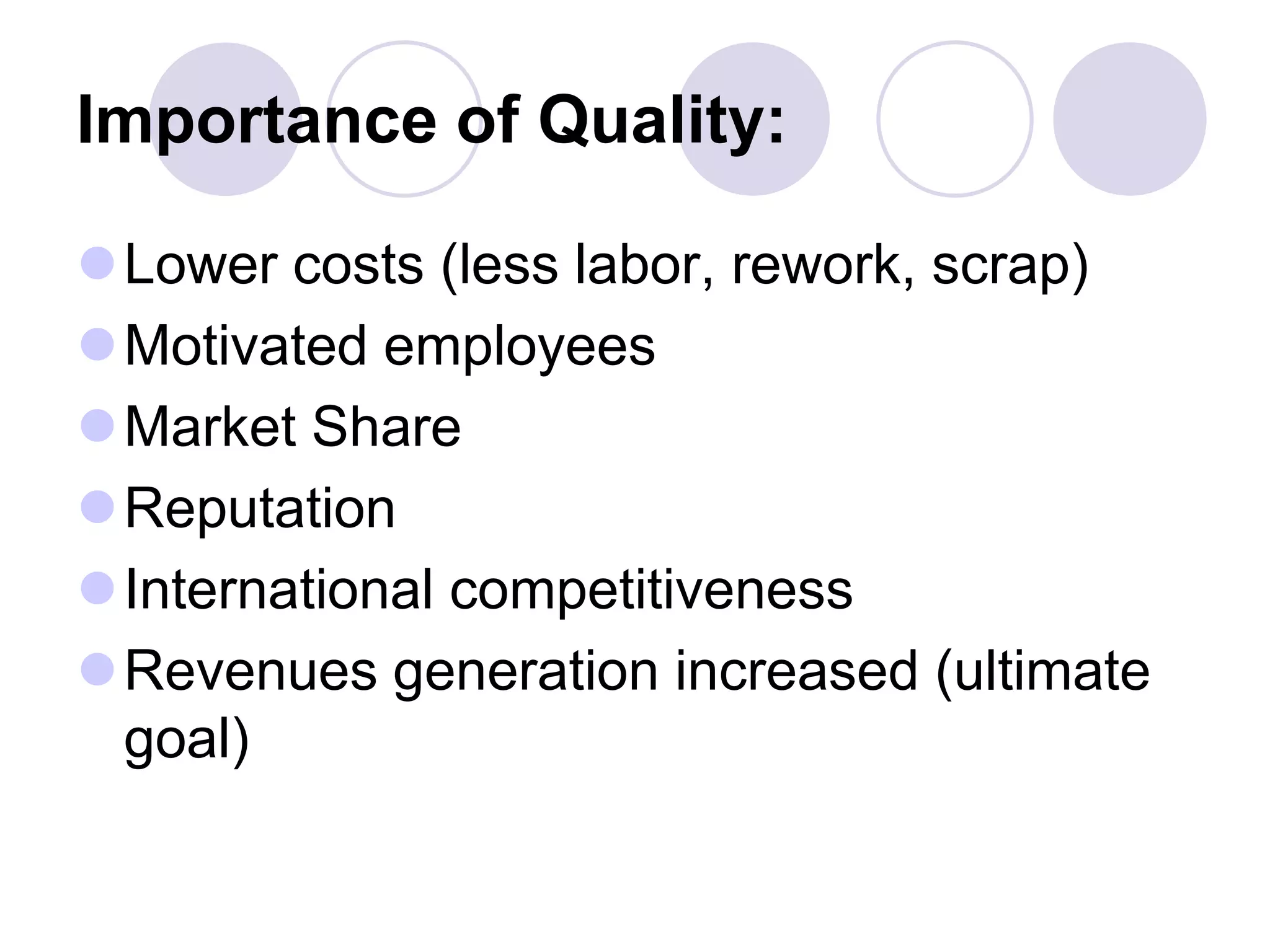 Importance of Quality:
Lower costs (less labor, rework, scrap)
Motivated employees
Market Share
Reputation
International competitiveness
Revenues generation increased (ultimate
goal)
 