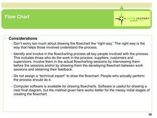 Flow Chart  Considerations Don’t worry too much about drawing the flowchart the “right way.” The right way is the way that helps those involved understand the process.  Identify and involve in the flowcharting process all key people involved with the process. This includes those who do the work in the process: suppliers, customers and supervisors. Involve them in the actual flowcharting sessions by interviewing them before the sessions and/or by showing them the developing flowchart between work sessions and obtaining their feedback.  Do not assign a “technical expert” to draw the flowchart. People who actually perform the process should do it.  Computer software is available for drawing flowcharts. Software is useful for drawing a neat final diagram, but the method given here works better for the messy initial stages of creating the flowchart.  