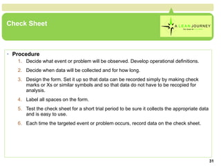 Check Sheet Procedure Decide what event or problem will be observed. Develop operational definitions.  Decide when data will be collected and for how long.  Design the form. Set it up so that data can be recorded simply by making check marks or Xs or similar symbols and so that data do not have to be recopied for analysis.  Label all spaces on the form.  Test the check sheet for a short trial period to be sure it collects the appropriate data and is easy to use.  Each time the targeted event or problem occurs, record data on the check sheet.  