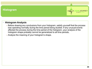 Histogram Histogram Analysis Before drawing any conclusions from your histogram, satisfy yourself that the process was operating normally during the time period being studied. If any unusual events affected the process during the time period of the histogram, your analysis of the histogram shape probably cannot be generalized to all time periods.  Analyze the meaning of your histogram’s shape.  