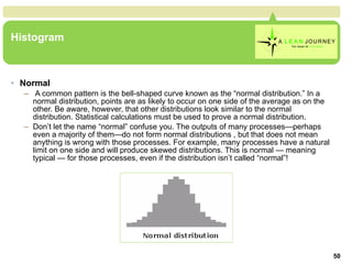 Histogram Normal A common pattern is the bell-shaped curve known as the “normal distribution.” In a normal distribution, points are as likely to occur on one side of the average as on the other. Be aware, however, that other distributions look similar to the normal distribution. Statistical calculations must be used to prove a normal distribution.  Don’t let the name “normal” confuse you. The outputs of many processes—perhaps even a majority of them—do not form normal distributions , but that does not mean anything is wrong with those processes. For example, many processes have a natural limit on one side and will produce skewed distributions. This is normal — meaning typical — for those processes, even if the distribution isn’t called “normal”!  Histogram 