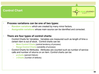 Control Chart Process variations can be one of two types: Random variations  which are created by many minor factors.  Assignable variations  whose main source can be identified and corrected. There are four types of control charts: Control Charts for Variables.  Variables are measured such as length of time a certain item is out of stock.  Control charts can be:  Mean Control Charts  (central tendency of process) Range Control Charts  (variability of process) Control Charts for Attributes.  Attributes are counted such as number of service calls and number of returns on an item. Control charts can be:  p -charts   (percent failure) c -Charts   (number of defects) 
