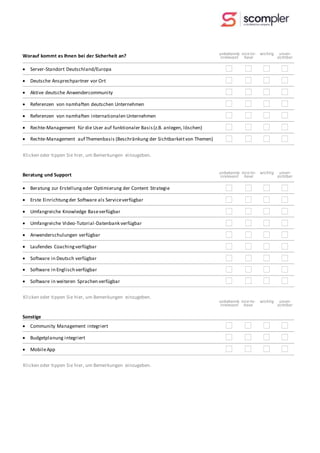 Worauf kommt es Ihnen bei der Sicherheit an? unbekannt/
irrelevant
nice-to-
have
wichtig unver-
zichtbar
 Server-Standort Deutschland/Europa ☐ ☐ ☐ ☐
 Deutsche Ansprechpartner vor Ort ☐ ☐ ☐ ☐
 Aktive deutsche Anwendercommunity ☐ ☐ ☐ ☐
 Referenzen von namhaften deutschen Unternehmen ☐ ☐ ☐ ☐
 Referenzen von namhaften internationalen Unternehmen ☐ ☐ ☐ ☐
 Rechte-Management für die User auf funktionaler Basis(z.B. anlegen, löschen) ☐ ☐ ☐ ☐
 Rechte-Management auf Themenbasis (Beschränkung der Sichtbarkeitvon Themen) ☐ ☐ ☐ ☐
Klicken oder tippen Sie hier, um Bemerkungen einzugeben.
Beratung und Support unbekannt/
irrelevant
nice-to-
have
wichtig unver-
zichtbar
 Beratung zur Erstellungoder Optimierung der Content Strategie ☐ ☐ ☐ ☐
 Erste Einrichtungder Software als Serviceverfügbar ☐ ☐ ☐ ☐
 Umfangreiche Knowledge Baseverfügbar ☐ ☐ ☐ ☐
 Umfangreiche Video-Tutorial-Datenbank verfügbar ☐ ☐ ☐ ☐
 Anwenderschulungen verfügbar ☐ ☐ ☐ ☐
 Laufendes Coachingverfügbar ☐ ☐ ☐ ☐
 Software in Deutsch verfügbar ☐ ☐ ☐ ☐
 Software in Englisch verfügbar ☐ ☐ ☐ ☐
 Software in weiteren Sprachen verfügbar ☐ ☐ ☐ ☐
Klicken oder tippen Sie hier, um Bemerkungen einzugeben.
Sonstige
unbekannt/
irrelevant
nice-to-
have
wichtig unver-
zichtbar
 Community Management integriert ☐ ☐ ☐ ☐
 Budgetplanung integriert ☐ ☐ ☐ ☐
 MobileApp ☐ ☐ ☐ ☐
Klicken oder tippen Sie hier, um Bemerkungen einzugeben.
 