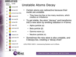 Unstable Atoms Decay
•   Certain atoms are radioactive because their
    nuclei are unstable
      – They have too few or too many neutrons, which
        creates an imbalance
•   To get stable, the atom “decays” and transforms
    into a new atom by emitting radiation in 4 forms:
      – Alpha particle (α)
      – Beta particle (β)
      – Gamma wave (γ)
      – Neutron particle (n)
•   Sometimes the new atom is also unstable, and
    it decays too, creating a “decay chain”
UCRL-PRES-149818. Understanding Radiation and it’s Effects.
 