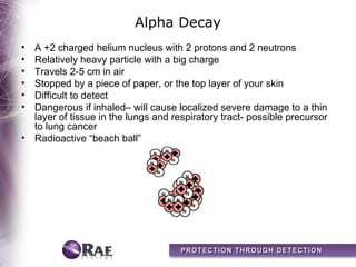 Alpha Decay
• A +2 charged helium nucleus with 2 protons and 2 neutrons
• Relatively heavy particle with a big charge
• Travels 2-5 cm in air
• Stopped by a piece of paper, or the top layer of your skin
• Difficult to detect
• Dangerous if inhaled– will cause localized severe damage to a thin
  layer of tissue in the lungs and respiratory tract- possible precursor
  to lung cancer
• Radioactive “beach ball”
 