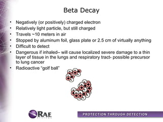 Beta Decay
• Negatively (or positively) charged electron
• Relatively light particle, but still charged
• Travels ~10 meters in air
• Stopped by aluminum foil, glass plate or 2.5 cm of virtually anything
• Difficult to detect
• Dangerous if inhaled– will cause localized severe damage to a thin
  layer of tissue in the lungs and respiratory tract- possible precursor
  to lung cancer
• Radioactive “golf ball”
 