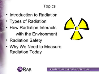 Topics

• Introduction to Radiation
• Types of Radiation
• How Radiation Interacts
      with the Environment
• Radiation Safety
• Why We Need to Measure
  Radiation Today
 