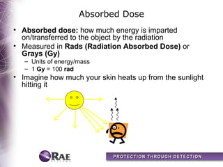 Absorbed Dose
• Absorbed dose: how much energy is imparted
  on/transferred to the object by the radiation
• Measured in Rads (Radiation Absorbed Dose) or
  Grays (Gy)
   – Units of energy/mass
   – 1 Gy = 100 rad
• Imagine how much your skin heats up from the sunlight
  hitting it
 