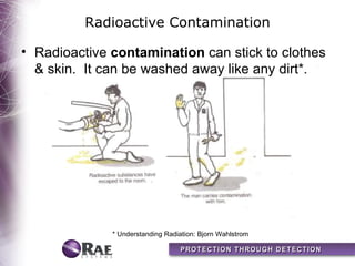 Radioactive Contamination

• Radioactive contamination can stick to clothes
  & skin. It can be washed away like any dirt*.




              * Understanding Radiation: Bjorn Wahlstrom
 