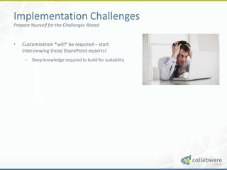 Implementation Challenges
Prepare Yourself for the Challenges Ahead


•   Customization *will* be required – start
    interviewing those SharePoint experts!
     – Deep knowledge required to build for scalability
 