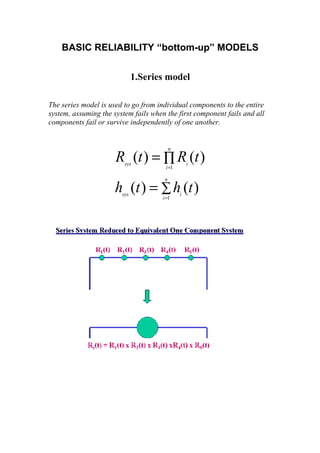 BASIC RELIABILITY “bottom-up” MODELS


                              1.Series model

The series model is used to go from individual components to the entire
system, assuming the system fails when the first component fails and all
components fail or survive independently of one another.


                                           n

                      R (t ) = ∏ R (t )
                         sys
                                       i =1
                                                   i

                                       n

                      h (t ) = ∑ h (t )
                        sys
                                      i =1
                                               i
 