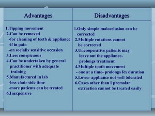 1.Tipping movement
2.Can be removed
-for cleaning of teeth & appliance
-if in pain
-on socially sensitive occasion
3.Less conspicuous
4.Can be undertaken by general
practitioner with adequate
training
5.Manufactured in lab
-less chair side time
-more patients can be treated
6.Inexpensive
1.Only simple malocclusion can be
corrected
2.Multiple rotations cannot
be corrected
3.Uncooperative patients may
leave out the appliance-
prolongs treatment
4.Multiple tooth movement
- one at a time- prolongs Rx duration
5.Lower appliance not well tolerated
6.Cases other than I premolar
extraction cannot be treated easily
AdvantagesAdvantages DisadvantagesDisadvantages
 